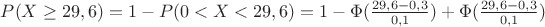 $P(X\geq 29,6)=1-P(0<X< 29,6)=1-\Phi(\frac{29,6-0,3}{0,1})+\Phi(\frac{29,6-0,3}{0,1})$
