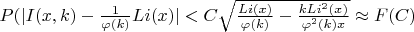 $P(|I(x,k)-\frac {1}{\varphi(k)}Li(x)|<C\sqrt {\frac {Li(x)}{\varphi(k)}- \frac {k Li^2(x)}{\varphi^2(k) x}} \approx F(C)$