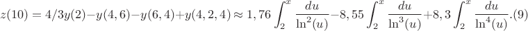 $$z(10) =4/3y(2)-y(4,6)-y(6,4)+y(4,2,4)\approx 1,76 \int_{2}^{x} \frac {du}{\ln^2(u)}-8,55\int_{2}^{x} \frac {du}{\ln^3(u)}+8,3\int_{2}^{x} \frac {du}{\ln^4(u)}.(9)$