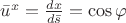$\bar u^x=\frac{dx}{d\bar s}=\cos\varphi$