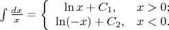 $
\int\frac{dx}{x} = \left\{
\begin{array}{cc}
  \ln x+C_1, & x>0; \\
  \ln(-x)+C_2, & x<0. \\
\end{array}
\right.
$