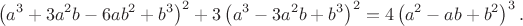 $$\left(a^3+3a^2b-6ab^2+b^3\right)^2+3\left(a^3-3a^2b+b^3\right)^2=4\left(a^2-ab+b^2\right)^3.$$