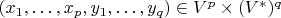 $(x_1,\ldots,x_p,y_1,\ldots,y_q)\in V^p\times (V^*)^q$