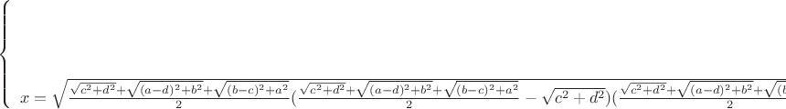$$\left\{
\begin{array}{rcl}
 b(a-d)=80 \\
 a(b-c)=22 \\
 cd=6 \\
 ab=3+40+11+x \\
 x=\sqrt{\frac{\sqrt{c^2+d^2}+\sqrt{(a-d)^2+b^2}+\sqrt{(b-c)^2+a^2}}{2}(\frac{\sqrt{c^2+d^2}+\sqrt{(a-d)^2+b^2}+\sqrt{(b-c)^2+a^2}}{2}-\sqrt{c^2+d^2})(\frac{\sqrt{c^2+d^2}+\sqrt{(a-d)^2+b^2}+\sqrt{(b-c)^2+a^2}}{2}-\sqrt{(a-d)^2+b^2})(\frac{\sqrt{c^2+d^2}+\sqrt{(a-d)^2+b^2}+\sqrt{(b-c)^2+a^2}}{2}-\sqrt{(b-c)^2+a^2})}
\end{array}
\right.$$