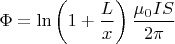 $$\[\Phi  = \ln \left( {1 + \frac{L}{x}} \right)\frac{{{\mu _0}IS}}{{2\pi }}\]$$