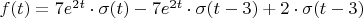 $f(t) =7e^{2t} \cdot \sigma (t) - 7e^{2t} \cdot \sigma (t-3) + 2 \cdot \sigma (t-3)$