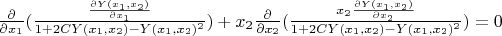 $\frac{\partial}{\partial x_1}(\frac{\frac{\partial Y(x_1,x_2)}{\partial x_1}}{1+2 C Y(x_1,x_2)-Y(x_1,x_2)^2})+x_2\frac{\partial}{\partial x_2}(\frac{x_2 \frac{\partial Y(x_1,x_2)}{\partial x_2}}{1+2 C Y(x_1,x_2)-Y(x_1,x_2)^2})=0$