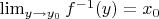 $\lim_{y\to y_0}f^{-1}(y)=x_0$