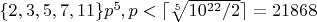 $\{2,3,5,7,11\}p^5, p<\lceil\sqrt[5]{10^{22}/2}\rceil=21868$