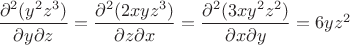 $\dfrac{\partial^2(y^2z^3)}{\partial y \partial z}=\dfrac{\partial^2(2xyz^3)}{\partial z \partial x}=\dfrac{\partial^2(3xy^2z^2)}{\partial x \partial y}=6yz^2$