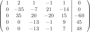 $$\left(\begin{array}{ccccc|c}
1& 2& 1&-1&1&0\\
0&-35& -7&21&-14&0\\
0&35&20&-20&15&-60\\
0& 0& -13& -1&9&45\\
0&0& -13& -1&7&48\\
\end{array}\right)$$