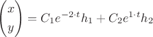$\[\left( \begin{gathered}
  x \hfill \\
  y \hfill \\ 
\end{gathered}  \right) = {C_1}{e^{ - 2 \cdot t}}{h_1} + {C_2}{e^{1 \cdot t}}{h_2}\]
$