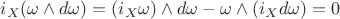 $i_X(\omega\wedge{d\omega})=(i_X{\omega})\wedge{d\omega}-\omega\wedge(i_X{d\omega})=0$