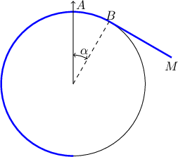 $\begin{tikzpicture}
\draw (0,0) circle (2);
\draw[very thick, blue] (1, 1.73205080756888) -- (2.73205080756888, 0.73205080756888);
\draw [very thick, blue] (0,-2) arc (270:60:2);
\draw[->] (0,0)--(0,2.3);
\draw[dashed] (0,0)--(1, 1.73205080756888);
\draw[<->] (0,.8) arc (90:60:.8);
\node at (.3,.9) {$\alpha$};
\node at (.2,2.2) {$A$};
\node at (1.05, 1.90205080756888) {$B$};
\node[below] at (2.73205080756888, 0.73205080756888) {$M$};
\end{tikzpicture}$
