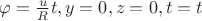 $\varphi=\frac{u}{R}t, y=0, z=0, t=t$