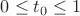 $0\le t_0 \le 1$