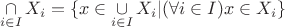 $$\mathop  \cap \limits_{i \in I} {X_i} = \{ x \in \mathop  \cup \limits_{i \in I} {X_i}|(\forall i \in I)x \in {X_i}\} $$