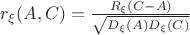 $r_\xi(A,C)= \frac{R_\xi(C-A)}{\sqrt{D_\xi(A) D_\xi(C)}}}$