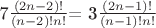 7$\frac {(2n-2)!} {(n-2)!n!}$= 3$\frac {(2n-1)!} {(n-1)!n!}$