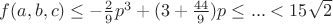 $f(a,b,c) \le - \frac{2}{9}p^3+(3+\frac{44}{9})p \le ... < 15 \sqrt{2}$