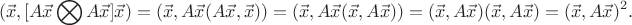 $$
(\vec{x},[A\vec{x}\bigotimes A\vec{x}] \vec{x})
=
(\vec{x},A\vec{x}(A\vec{x},\vec{x}))
=
(\vec{x},A\vec{x}(\vec{x},A\vec{x}))
=
(\vec{x},A\vec{x})(\vec{x},A\vec{x})
=
(\vec{x},A\vec{x})^2
.
$$