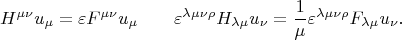 $$H^{\mu\nu}u_{\mu}=\varepsilon F^{\mu\nu}u_{\mu}\qquad\varepsilon^{\lambda\mu\nu\rho}H_{\lambda\mu}u_{\nu}=\dfrac{1}{\mu}\varepsilon^{\lambda\mu\nu\rho}F_{\lambda\mu}u_{\nu}.$$