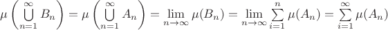 $\mu\left(\bigcup\limits_{n=1}^{\infty}B_n\right)=\mu\left(\bigcup\limits_{n=1}^{\infty}A_n\right)=\lim\limits_{n\to\infty}\mu (B_n)=\lim\limits_{n\to\infty}\sum\limits_{i=1}^{n}\mu (A_n)=\sum\limits_{i=1}^{\infty}\mu (A_n)$