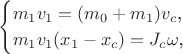 $$\begin{cases}m_1v_1=(m_0+m_1)v_c\text{,}\\ m_1v_1(x_1-x_c)=J_c\omega\text{,}\end{cases}$$