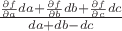 $\frac{\frac{\partial f}{\partial a}da + \frac{\partial f}{\partial b}db + \frac{\partial f}{\partial c}dc}{da+db-dc}$