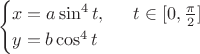 $$
\begin{cases}
 x=a\sin^4t,&\ \ t\in[0,\frac{\pi}{2}]\\
 y=b\cos^4t&
\end{cases}
$$