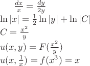 $\frac{dx}{x}=\frac{dy}{2y}\\
\ln|x|=\frac{1}{2}\ln|y|+\ln|C| \\
C=\frac{x^2}{y}\\
u(x,y)=F(\frac{x^2}{y})\\
u(x,\frac{1}{x})=f(x^3)=x$