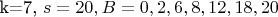 k=7, $s=20,  B={0,  2,  6,  8,  12,  18,  20}$