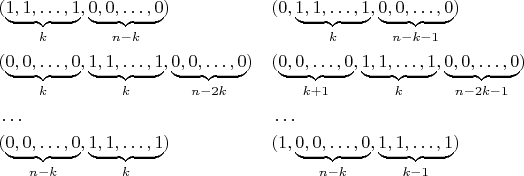 $$
\begin{aligned}
& (\underbrace{1, 1, \dots, 1}_k, \underbrace{0, 0, \dots, 0}_{n - k}) &
& (0, \underbrace{1, 1, \dots, 1}_k, \underbrace{0, 0, \dots, 0}_{n - k - 1}) \\
& (\underbrace{0, 0, \dots, 0}_{k}, \underbrace{1, 1, \dots, 1}_k, \underbrace{0, 0, \dots, 0}_{n - 2k}) &
& (\underbrace{0, 0, \dots, 0}_{k + 1}, \underbrace{1, 1, \dots, 1}_k, \underbrace{0, 0, \dots, 0}_{n - 2k - 1}) \\
& \dots & & \dots \\
& (\underbrace{0, 0, \dots, 0}_{n - k}, \underbrace{1, 1, \dots, 1}_k) &
& (1, \underbrace{0, 0, \dots, 0}_{n - k}, \underbrace{1, 1, \dots, 1}_{k - 1}) \\
\end{aligned}
$$