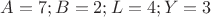 $A=7;B=2;L=4;Y=3$