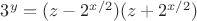 $3^y=(z-2^{x/2})(z+2^{x/2})$