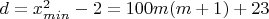 $d=x_{min}^2-2=100m(m+1)+23$