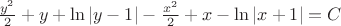 $\frac{y^2}{2} + y + \ln|y-1| - \frac{x^2}{2} + x - \ln|x+1| = C$ $\frac{y^2}{2} + y + \ln|y-1| - \frac{x^2}{2} + x - \ln|x+1| = C$