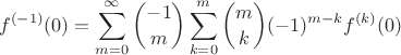 $$f^{(-1)}(0)=\sum_{m=0}^{\infty} \binom {-1}m \sum_{k=0}^m\binom mk(-1)^{m-k}f^{(k)}(0)$$