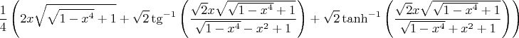 $$\frac{1}{4} \left(2 x \sqrt{\sqrt{1-x^4}+1}+\sqrt{2} \tg ^{-1}\left(\frac{\sqrt{2} x \sqrt{\sqrt{1-x^4}+1}}{\sqrt{1-x^4}-x^2+1}\right)+\sqrt{2} \tanh ^{-1}\left(\frac{\sqrt{2} x \sqrt{\sqrt{1-x^4}+1}}{\sqrt{1-x^4}+x^2+1}\right)\right)$$
