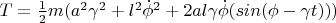 $T=\frac{1}{2}m(a^2 \gamma^2 + l^2  \dot \phi^2 + 2al\gamma\dot\phi(sin(\phi-\gamma t)))$