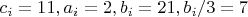 $c_i=11, a_i=2, b_i=21, b_i/3=7$