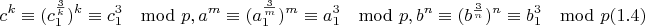 $$c^k \equiv (c_1^{\frac{3}{k}})^k \equiv c_1^3\mod p, a^m \equiv (a_1^{\frac{3}{m}})^m \equiv a_1^3\mod p, b^n \equiv (b^{\frac{3}{n}})^n \equiv b_1^3\mod p (1.4)$$