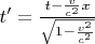 $t'=\frac{t-\frac v{c^2}x}{\sqrt{1-\frac{v^2}{c^2}}}$