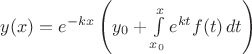 $y(x)=e^{-kx}\left(y_0+\int\limits_{x_0}^xe^{kt}f(t)\,dt\right)$