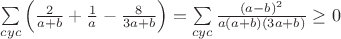$\sum\limits_{cyc}\left(\frac{2}{a+b}+\frac{1}{a}-\frac{8}{3a+b}\right)=\sum\limits_{cyc}\frac{(a-b)^2}{a(a+b)(3a+b)}\geq0$