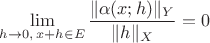 $\displaystyle \lim_{h \to 0, \, x+h \in E} \frac{\|\alpha(x;h)\|_Y}{\|h\|_X} = 0$