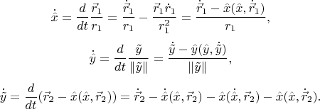 $$\dot{\hat x} = \frac d{dt} \frac{\vec{r}_1}{r_1}
    = \frac{\dot{\vec r}_1}{r_1} - \frac {\vec{r}_1\dot r_1}{r_1^2}
    = \frac {\dot{\vec r}_1 - \hat x(\hat x,\dot{\vec r}_1)} {r_1}, $$
$$\dot{\hat y} = \frac d{dt} \frac{\tilde y}{\|\tilde y\|}
    = \frac {\dot{\tilde y} - \hat y(\hat y,\dot{\tilde y})} {\|\tilde y\|}, $$
$$\dot{\tilde y} = \frac d{dt} (\vec{r}_2-\hat x (\hat x, \vec{r}_2))
    = \dot{\vec r}_2 - \dot{\hat x}(\hat x,\vec{r}_2) - \hat x(\dot{\hat x},\vec{r}_2) - \hat x (\hat x, \dot{\vec r}_2). $$