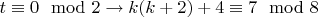 $t\equiv 0 \mod 2 \to k(k+2)+4\equiv 7 \mod 8$