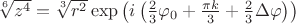 $\sqrt[6]{z^4}=\sqrt[3]{r^2}\exp\left(i\left(\frac 23\varphi_0+\frac{\pi k}3+\frac 23\Delta\varphi\right)\right)$