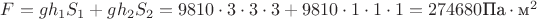 $F=gh_1S_1+gh_2S_2=9810\cdot3\cdot3\cdot3+9810\cdot1\cdot1\cdot1=274680\text{Па}\cdot\text{м}^2$